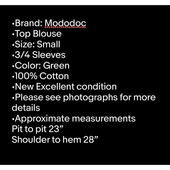 Mododoc Women Top Blouse Small Size 3/4 Sleeves Green 100% Cotton - Picture 7 of 12